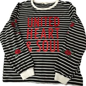 Hummingbird Black and White Striped Sweatshirt with embroidered Flowers NWOT